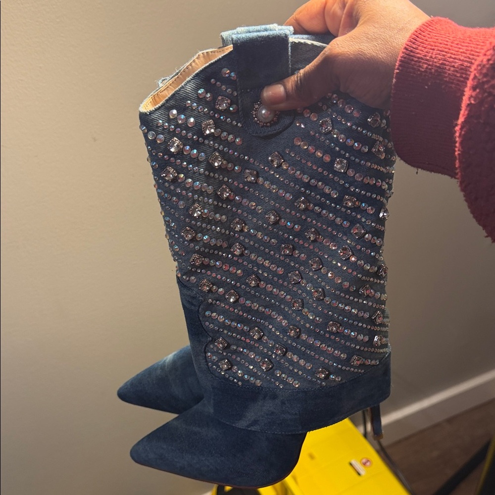 Blue Rhinestone Embellished Boots